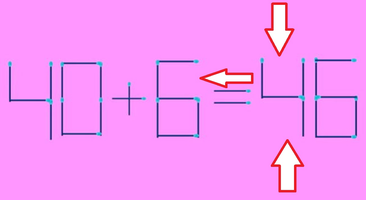 Solução do teste de QI feito com fósforos ilustrando 40 + 8 = 56 sobre um fundo rosa.