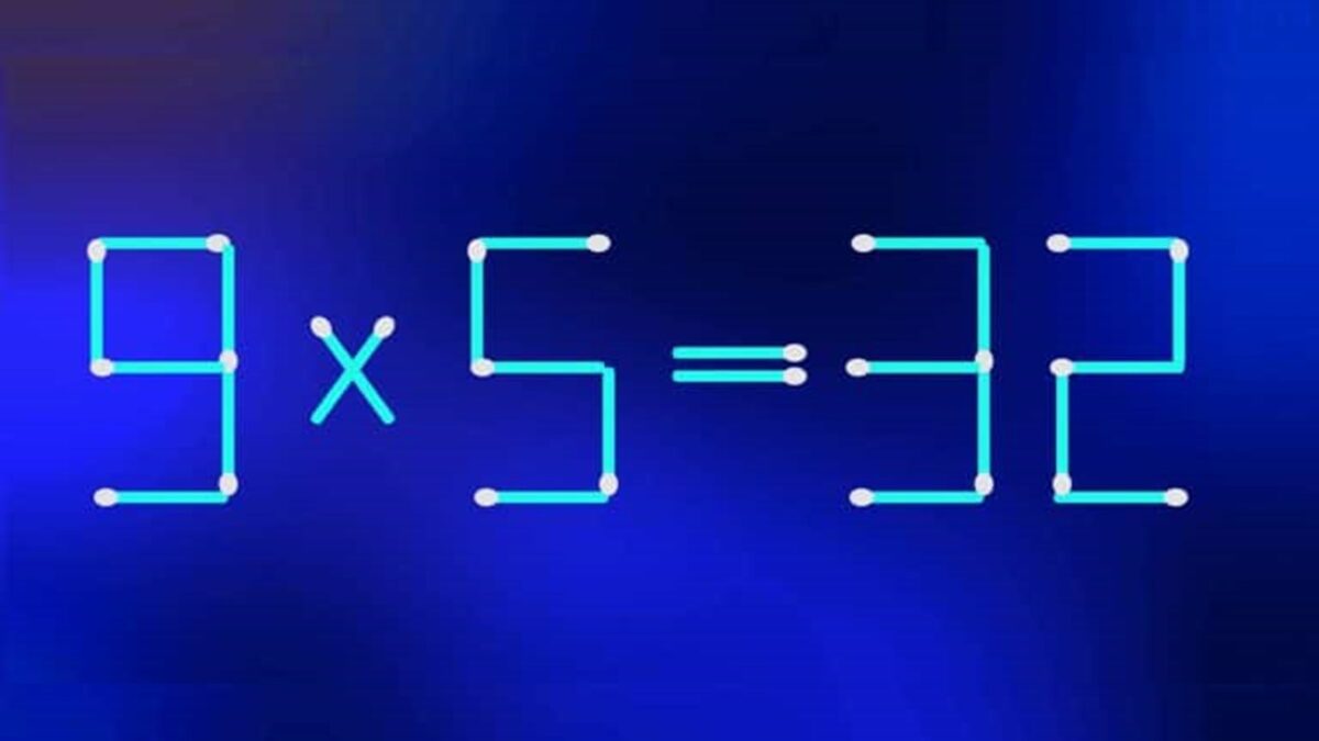 Teste de QI com palitos de fósforo exibindo a equação incorreta 9 × 5 = 32