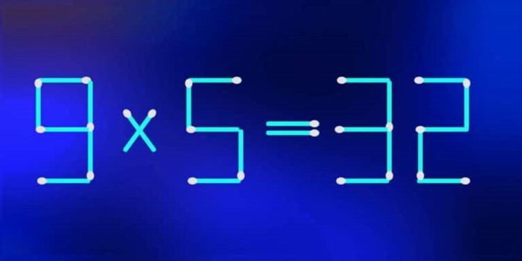 Desafio matemático com palitos de fósforo exibindo a equação incorreta 9 × 5 = 32