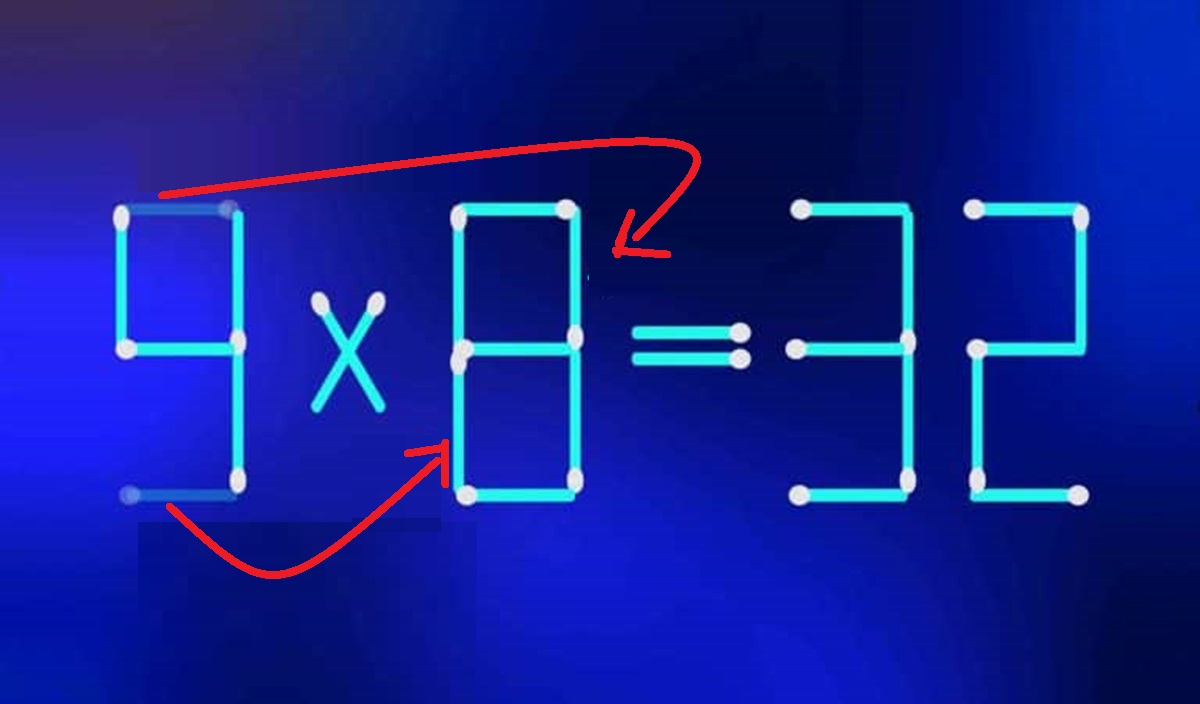 Solução de teste com palitos de fósforo exibindo a equação incorreta 9 × 5 = 32