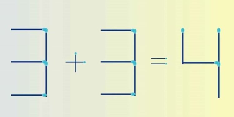 Teste de QI matemático com palitos de fósforo onde 3 + 3 = 4, exigindo uma correção movendo dois palitos.