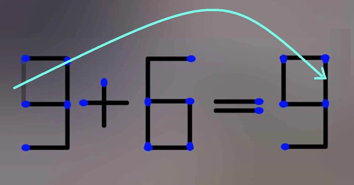 Solução do teste de QI com uma equação feita de palitos de fósforo mostrando '9 + 6 = 5', com um erro a ser corrigido.