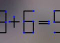 Teste de QI com uma equação feita de palitos de fósforo mostrando '9 + 6 = 5', com um erro a ser corrigido.