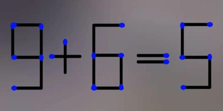 Teste de QI com uma equação feita de palitos de fósforo mostrando '9 + 6 = 5', com um erro a ser corrigido.