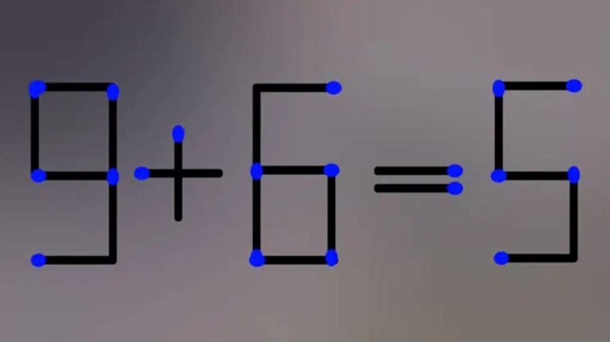 Desafio de QI com uma equação feita de palitos de fósforo mostrando '9 + 6 = 5', com um erro a ser corrigido.