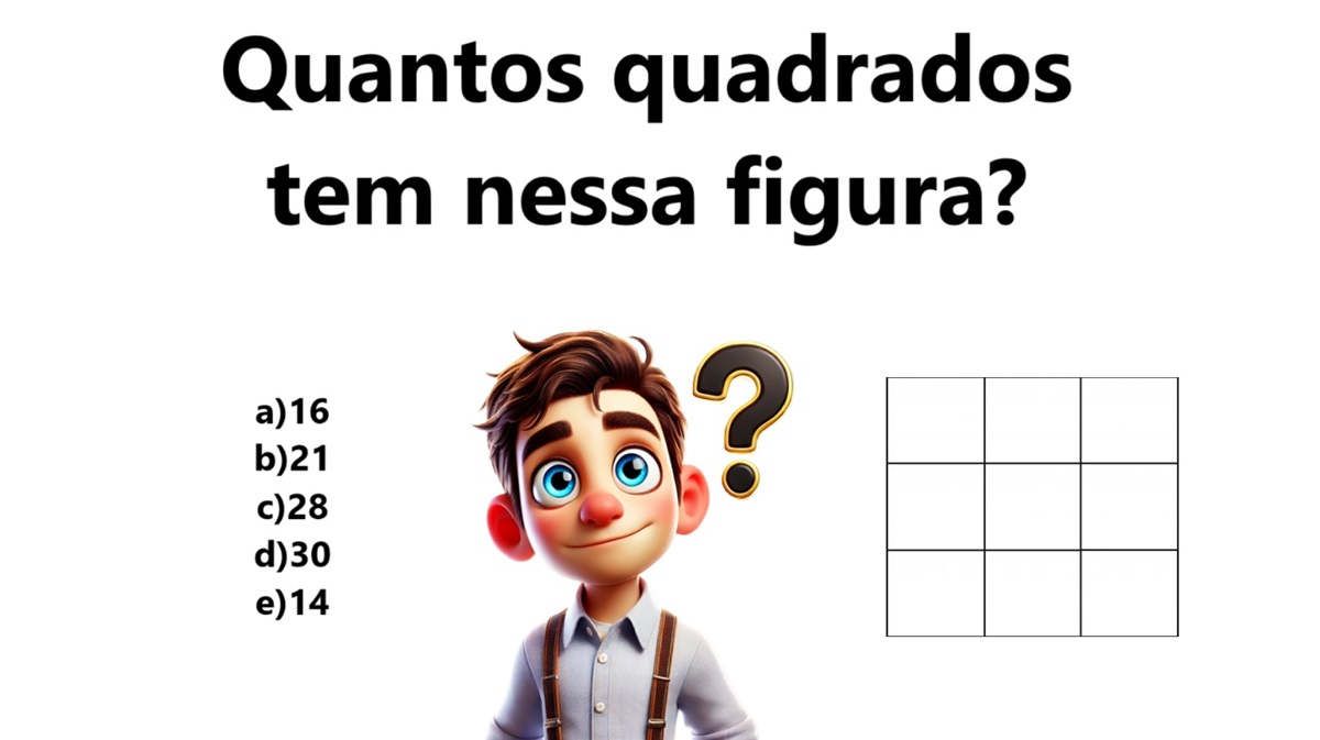 Desafio "Quantos quadrados?" com opção de múltiplas escolhas.