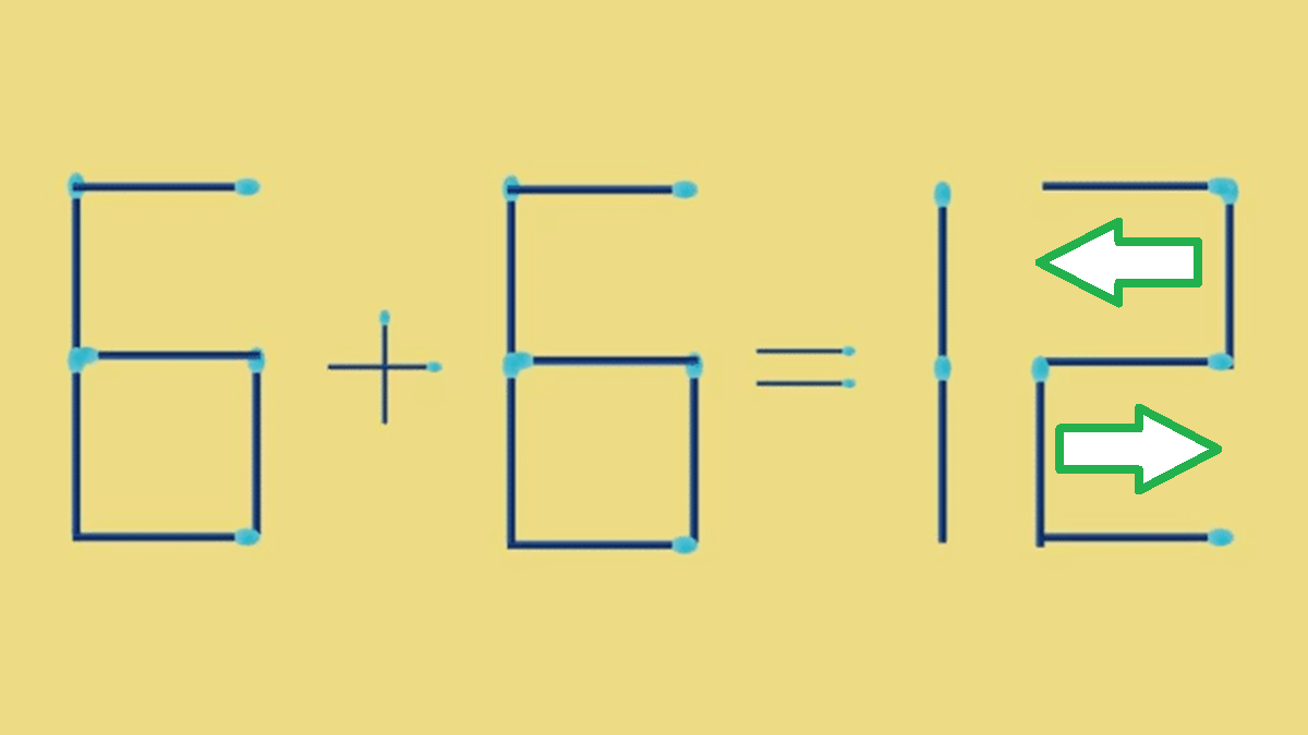 Imagem de um teste de QI visual com fósforos formando números, onde a equação 6 + 6 = 18 está incorreta, com a tarefa de remover dois fósforos para corrigir. Solução!