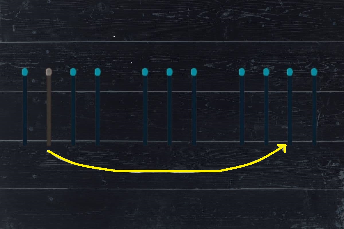 Solução do teste de QI lógico com palitos de fósforo formando uma sequência, onde é necessário rearranjar para criar uma sequência numérica correta.