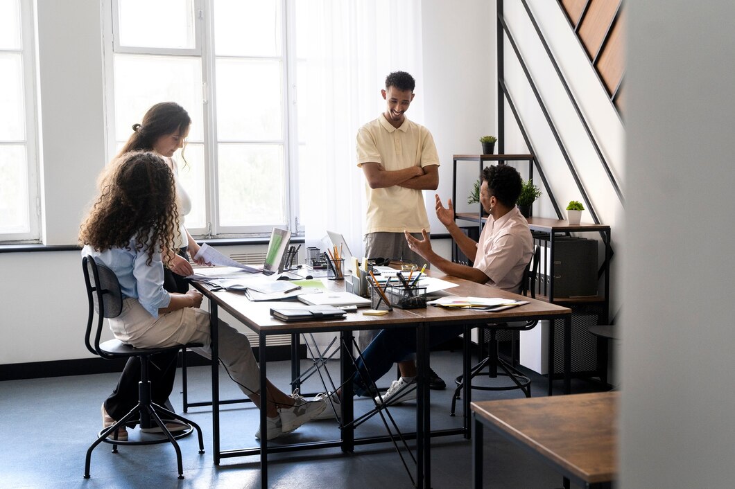 Equipe reunida em um ambiente de trabalho moderno, demonstrando interação e felicidade.