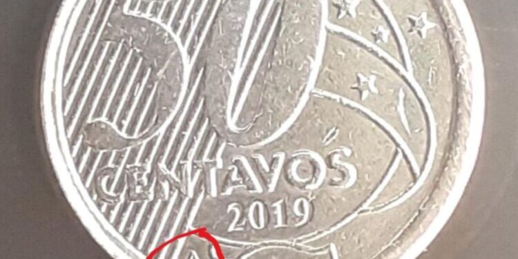 Moeda de 50 centavos de 2019 com a marca "A" indicando cunhagem na Holanda.