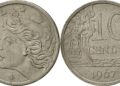 Moeda de 10 centavos de 1967 mostrando a efígie da República no anverso e uma indústria siderúrgica no reverso, símbolo de sua valorização no mercado de colecionadores.