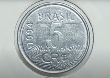 Moeda de 5 Cruzeiros Reais de 1994 com o valor "5" em destaque.