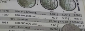 Imagem do catálogo mostrando os valores da moeda de 1 Cruzeiro de 1980, incluindo preços baseados na condição da moeda e erros de confecção, como reverso invertido.