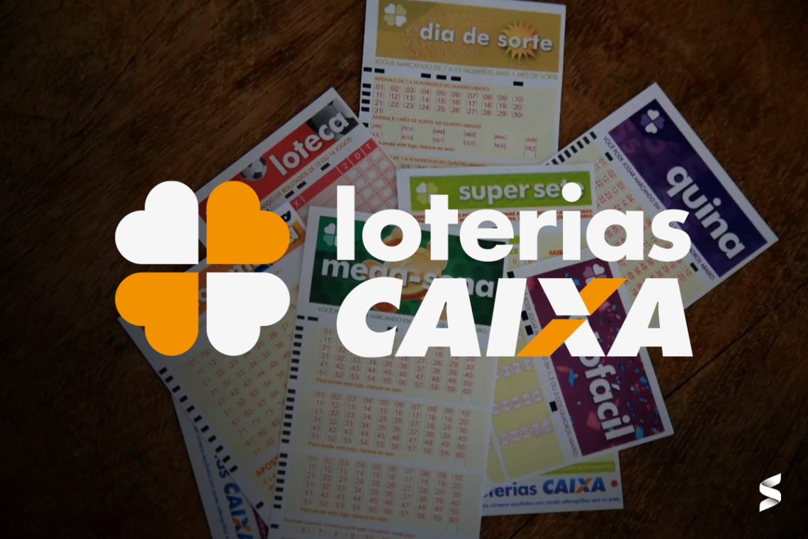 Cartelas de diferentes loterias da Caixa, incluindo Lotofácil, Mega-Sena, Quina e Dia de Sorte