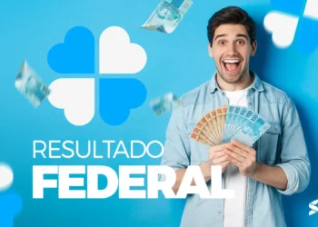 Imagem promocional do Resultado da Loteria Federal com um homem segurando cédulas de dinheiro