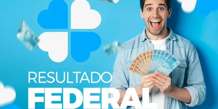 Imagem promocional do Resultado da Loteria Federal com um homem segurando cédulas de dinheiro