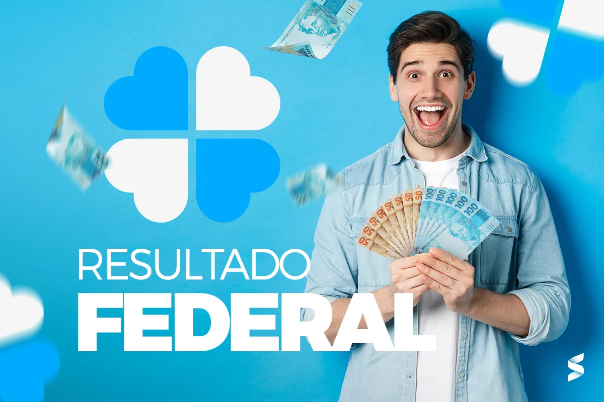 Imagem promocional do Resultado da Loteria Federal com um homem segurando cédulas de dinheiro