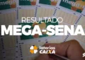 Cartelas da Mega-Sena com números destacados e resultado do sorteio