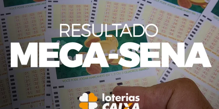 Cartelas da Mega-Sena com números destacados e resultado do sorteio