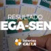 Cartelas da Mega-Sena com números destacados e resultado do sorteio