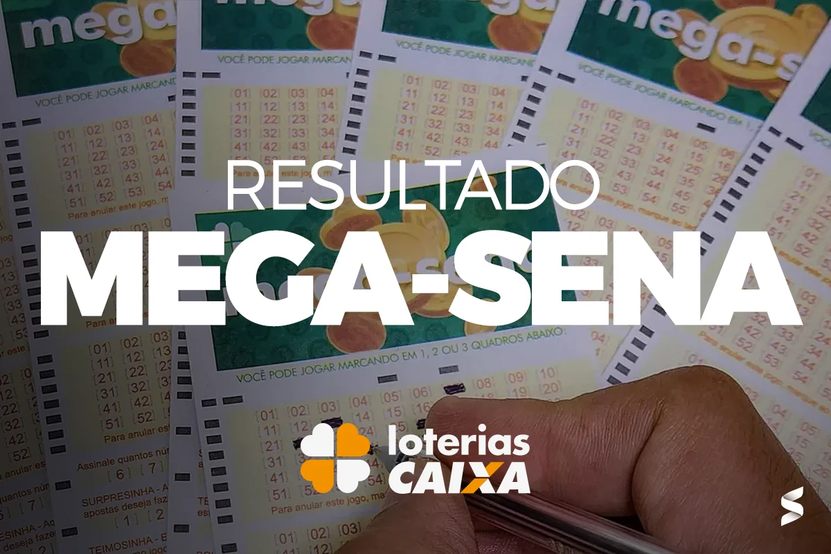 Cartelas da Mega-Sena com números destacados e resultado do sorteio