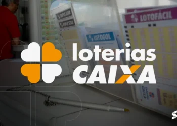 Volantes das Loterias Caixa em uma casa lotérica, representando apostas da Quina, Lotofácil e Lotogol