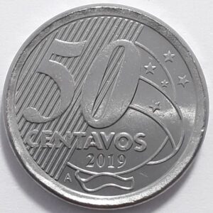 Moeda de 50 centavos de 2019 com a letra "A", indicando cunhagem na Holanda.