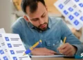 Homem concentrado preenchendo caderno de anotações.