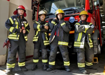 Grupo de bombeiros em frente a um caminhão de resgate, simbolizando a carreira na corporação