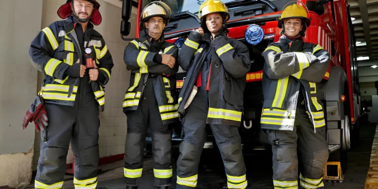 Grupo de bombeiros em frente a um caminhão de resgate, simbolizando a carreira na corporação