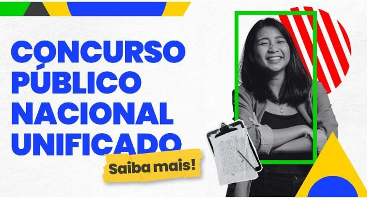 Banner do Concurso Público Nacional Unificado 2025 com cores vibrantes e elementos gráficos modernos.