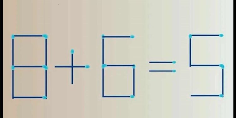 Equação matemática errada feita com fósforos, onde é preciso mover um fósforo para corrigir o desafio matemático.