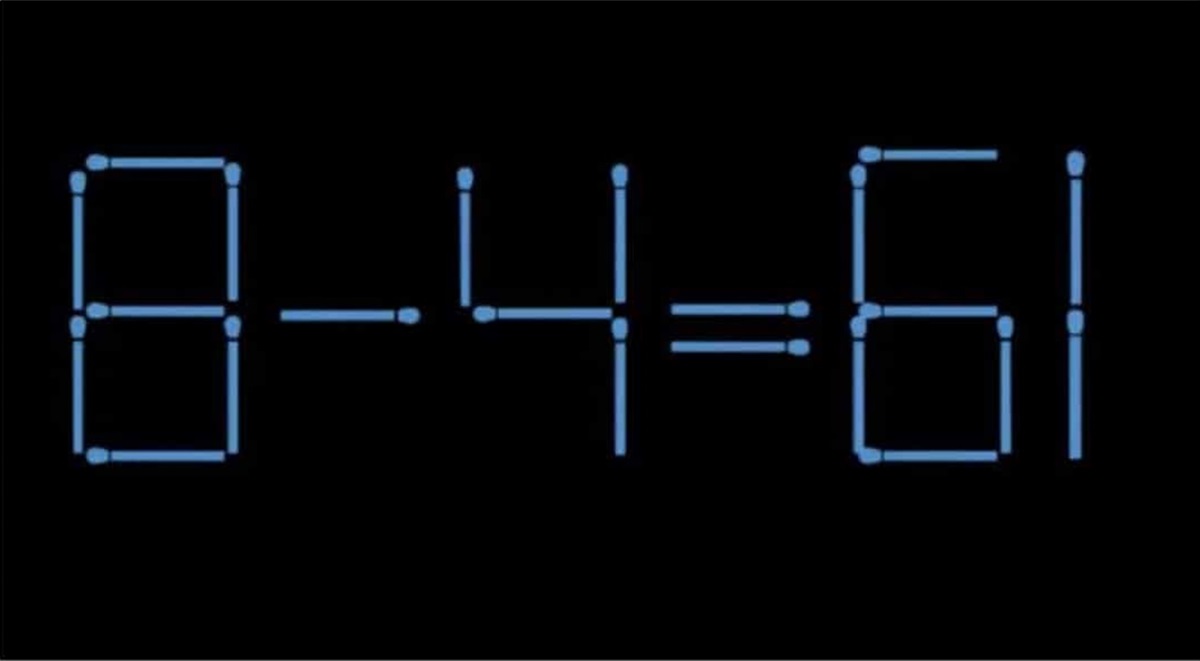 Desafio matemático feito com palitos de fósforo, mostrando a equação incorreta 8 - 4 = 61.