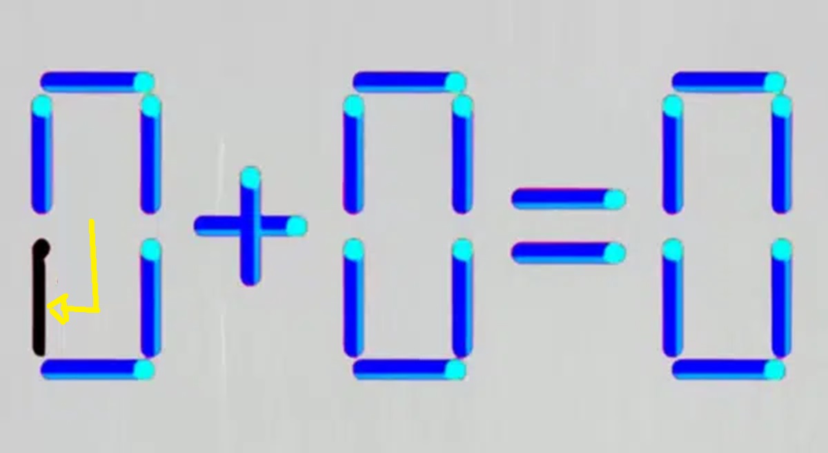 Solução do desafio matemático com palitos de fósforo formando a equação 9 + 0 = 0.