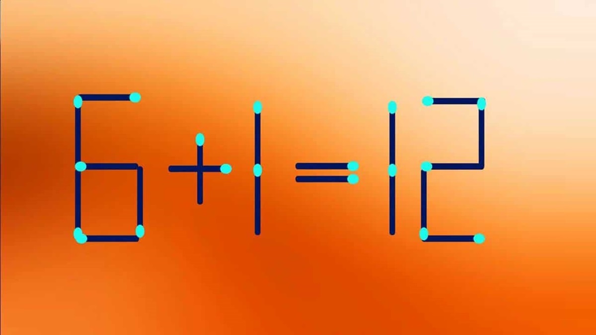 Equação matemática feita com palitos de fósforo: 6 + 1 = 12, com um desafio visual para rearranjar os palitos e corrigir a equação.