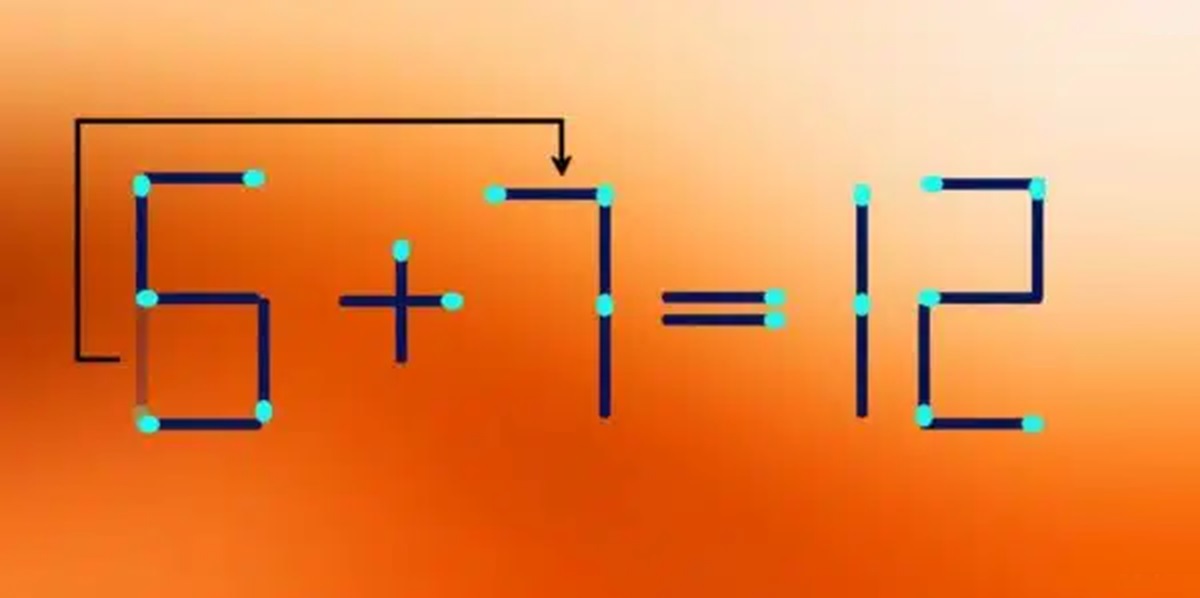 Solução do desafio matemático feita com palitos de fósforo: 6 + 1 = 12, com um desafio visual para rearranjar os palitos e corrigir a equação.