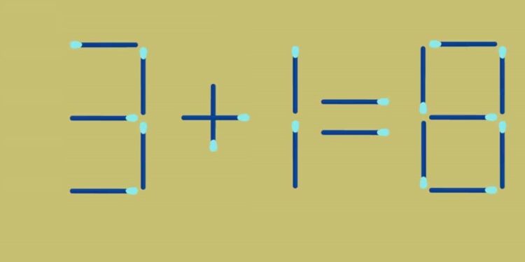 Desafio matemático com palitos de fósforo formando uma equação aparentemente incorreta.