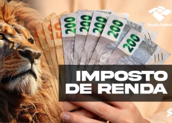 Imagem ilustrativa sobre o Imposto de Renda, com dinheiro e o símbolo da Receita Federal.