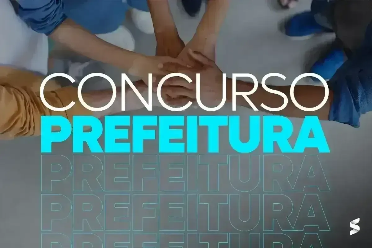 Mãos unidas simbolizando trabalho em equipe com o texto "Concurso Prefeitura"