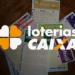 Cartões de apostas de diferentes loterias da Caixa Econômica Federal, incluindo Mega-Sena, Quina, Lotofácil e Dia de Sorte