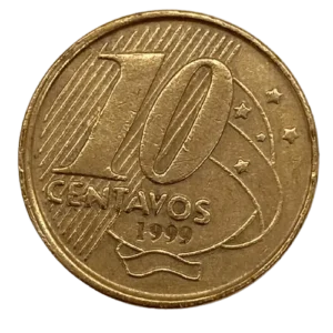 Moeda de 10 centavos de 1999, com valor de até R$ 350, destacando sua raridade.