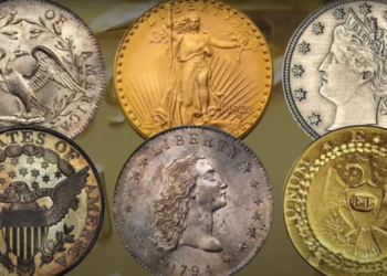 Imagem de algumas das moedas mais raras e valiosas do mundo, incluindo exemplares históricos que alcançam milhões de dólares no mercado de colecionadores.