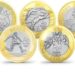 Conjunto de moedas olímpicas de 1 real, representando diversos esportes como atletismo, golfe, natação e ciclismo, lançadas em 2016.