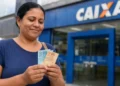 Mulher segura notas de dinheiro em frente à Caixa, representando os pagamentos do Bolsa Família de agosto realizados nesta semana.