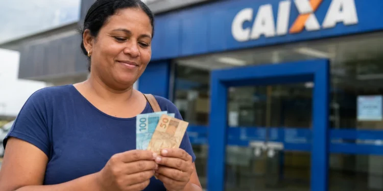 Mulher segura notas de dinheiro em frente à Caixa, representando os pagamentos do Bolsa Família de agosto realizados nesta semana.