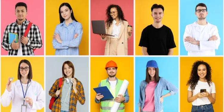 Jovens profissionais representando diversas carreiras promissoras do futuro.