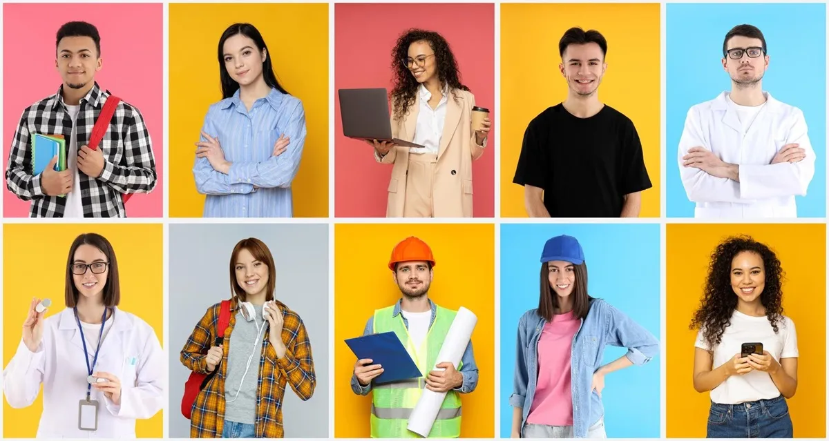 Jovens profissionais representando diferentes carreiras do futuro.