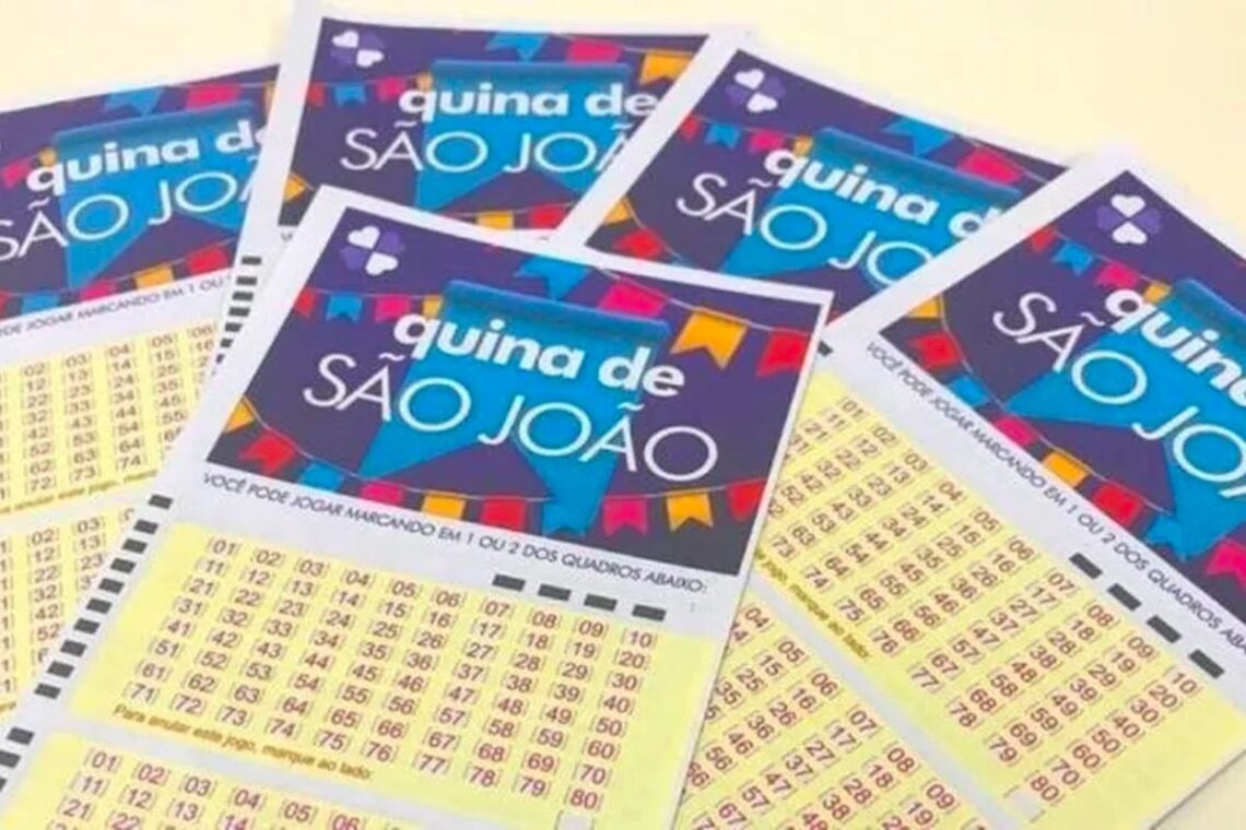 Bilhetes da Quina de São João com temas festivos e informações sobre como jogar