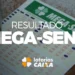 Volante da Mega-Sena com o logo das Loterias Caixa e números sorteados