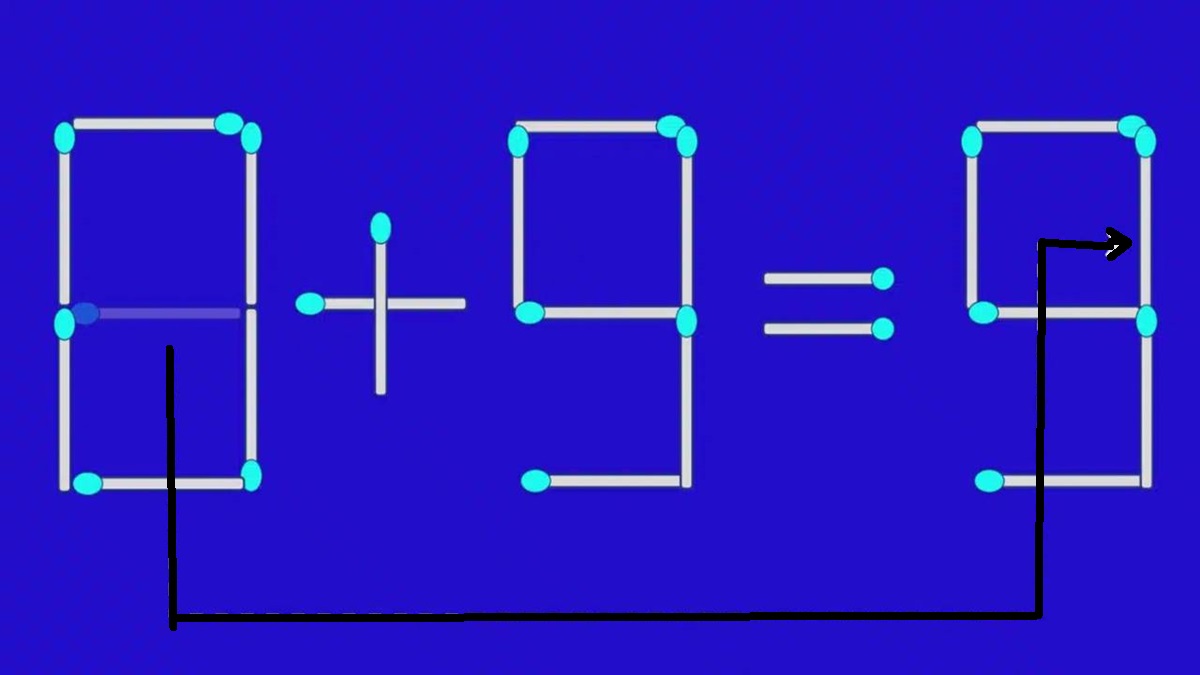 Solução do teste de QI matemático com palitos de fósforo formando uma equação incorreta em fundo azul.